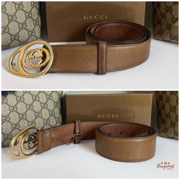 Authentic Gucci Brown Leather Gold Interlocking G Buckle Belt 80/32 - Picture 6 of 13